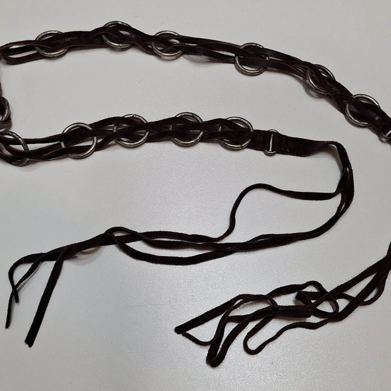 Pasek damski brązowy rzemyk skóra kółka metalowe średnicy 3 cm